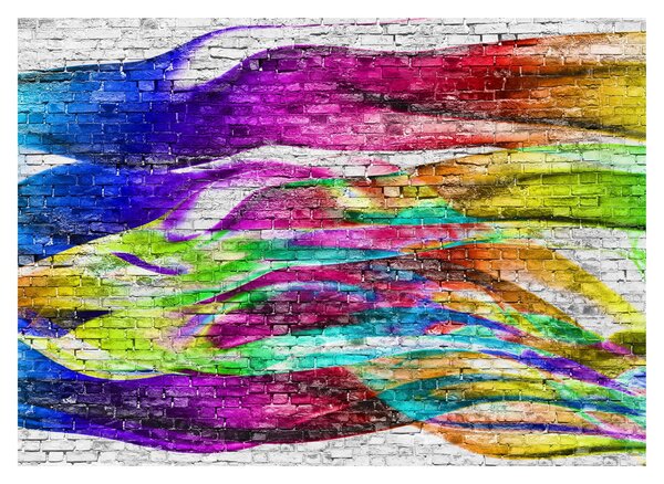 Tablou pe sticlă - Zid de cărămidă cu flăcări colorate (70x50 cm)