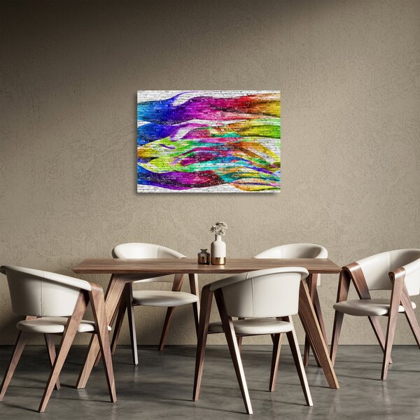Tablou pe sticlă - Zid de cărămidă cu flăcări colorate (70x50 cm)