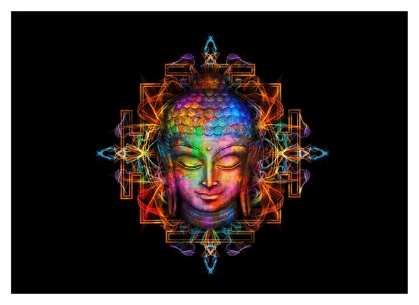 Tablou pe sticlă - Bustul lui Buddha în culori neon (70x50 cm)
