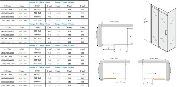 Mexen Omega, cabină de duș cu ușă glisantă 160 (uşă) x 70 (perete) cm, sticlă 8 mm, sticlă neagră profil-clară, 825-160-070-70-00