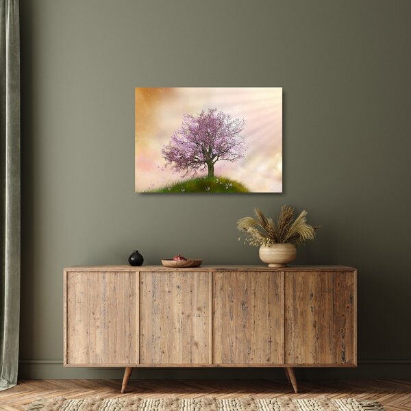 Tablou pe sticlă - Copacul înflorit în deal (70x50 cm)