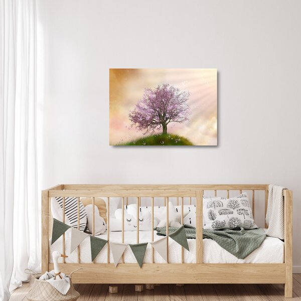 Tablou pe sticlă - Copacul înflorit în deal (70x50 cm)