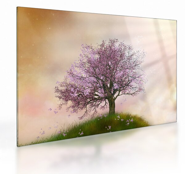 Tablou pe sticlă - Copacul înflorit în deal (70x50 cm)