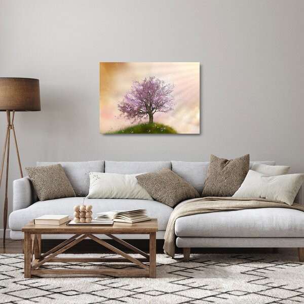 Tablou pe sticlă - Copacul înflorit în deal (70x50 cm)