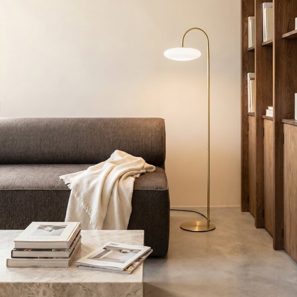 Lucande Lampadar LED Tenebra, 150 cm, alamă/alb, sticlă, reglabil, Auriu / Alamă, Camera de zi / sufragerie, Alamă, Modern