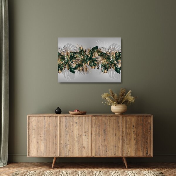 Tablou pe sticlă - Frunze tropicale, Galben - auriu (70x50 cm)