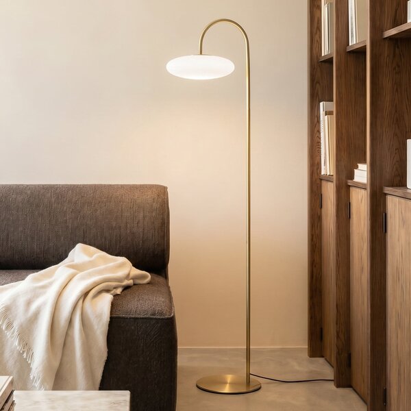 Lucande Lampadar LED Tenebra, 150 cm, alamă/alb, sticlă, reglabil, Auriu / Alamă, Camera de zi / sufragerie, Alamă, Modern