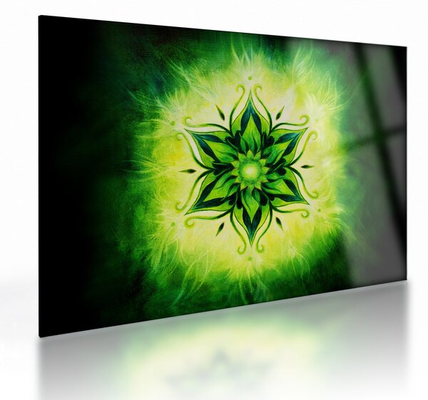 Tablou pe sticlă - Mandala de flori, fundal verde (70x50 cm)