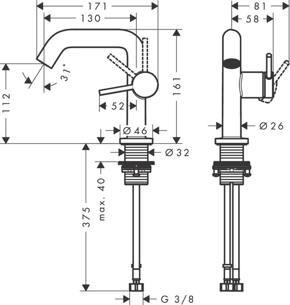Hansgrohe Tecturis S baterie lavoar stativ || 73320140