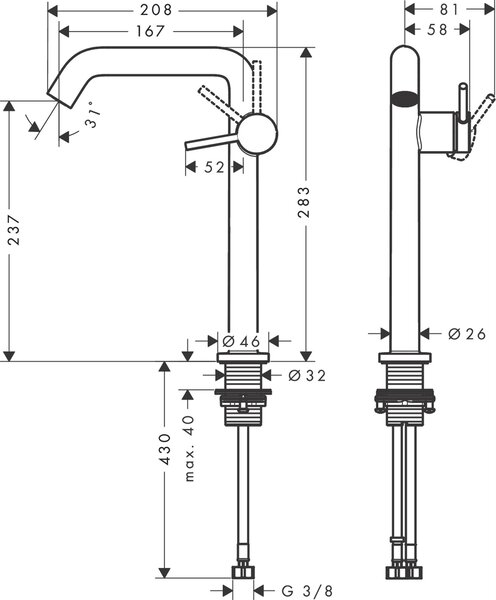 Hansgrohe Tecturis S baterie lavoar stativ || 73370140