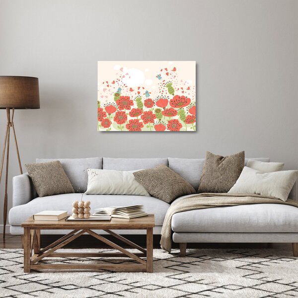 Tablou pe sticlă - Păsări pe o pajiște înflorită (70x50 cm)