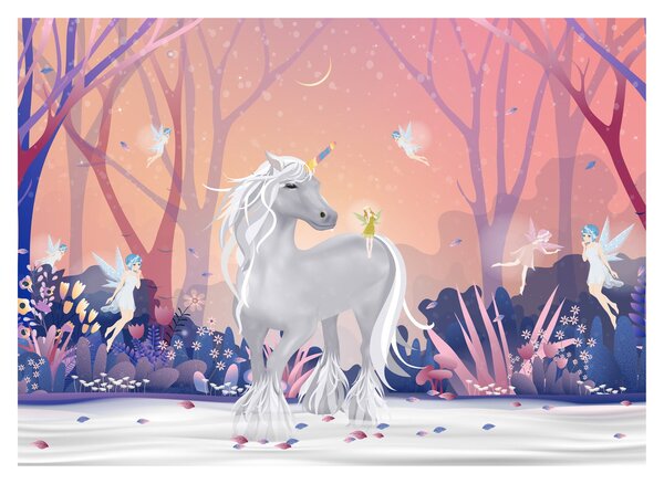 Tablou pe sticlă - Unicorn în pădurea fermecată (70x50 cm)