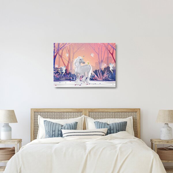 Tablou pe sticlă - Unicorn în pădurea fermecată (70x50 cm)