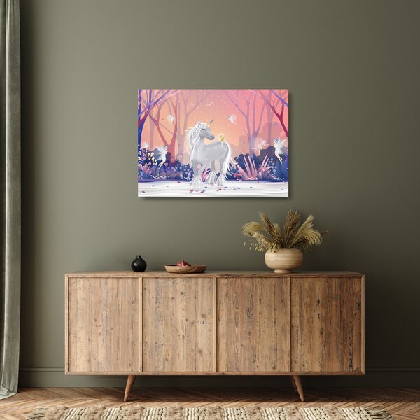 Tablou pe sticlă - Unicorn în pădurea fermecată (70x50 cm)