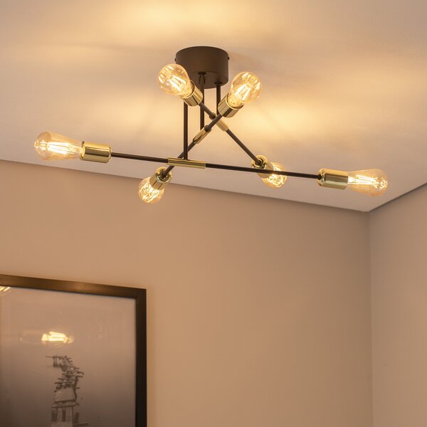 Luminex Plafonieră Ilia, negru/auriu, 6 becuri, reglabil, Negru, Camera de zi / sufragerie, Metal, Modern