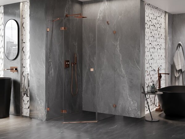 Mexen Lunar, colț de duș pentagonal cu panta stângă 80 x 90 cm, sticlă transparentă de 8 mm, profil auriu roz, 831-080L-090P-60-00-L