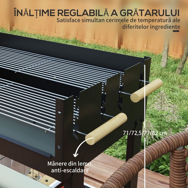 Outsunny Gratar Barbecue Carucior cu Carbune cu Grilaj Dublu Reglabil, Masa Laterala, Raft de Depozitare si Roti, pentru Gatit in Aer Liber