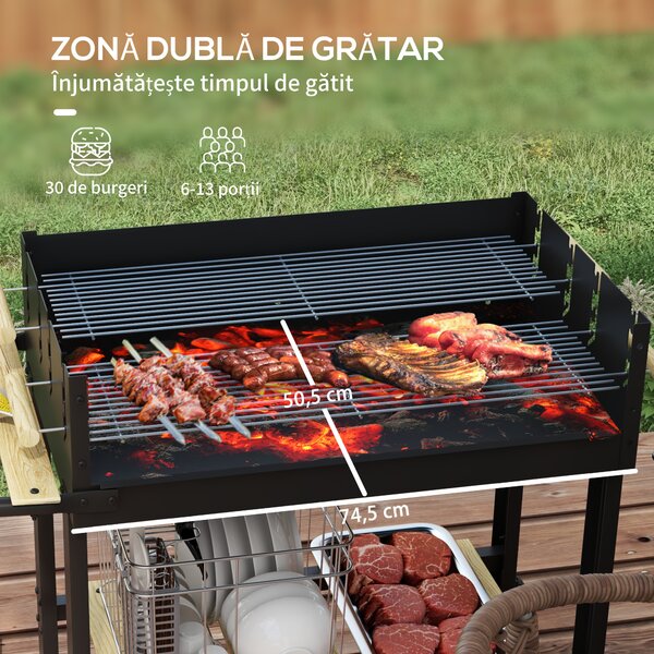 Outsunny Gratar Barbecue Carucior cu Carbune cu Grilaj Dublu Reglabil, Masa Laterala, Raft de Depozitare si Roti, pentru Gatit in Aer Liber