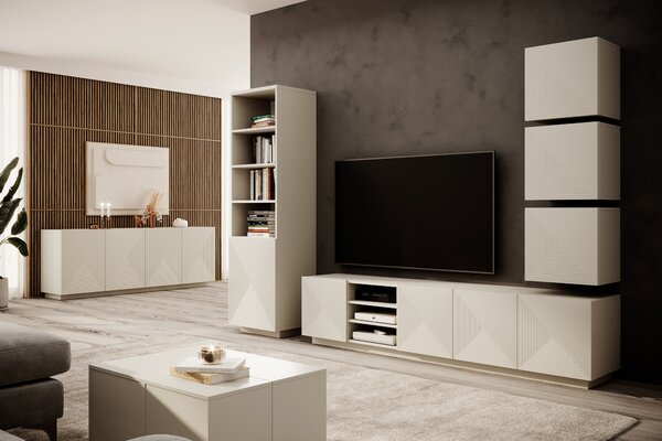 Comodă TV Asha 200 cm cu partea frontală canelat și nișă – bej cashmere