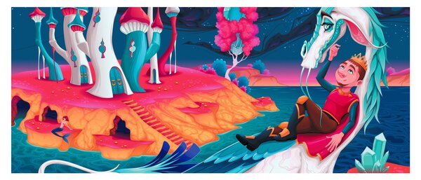 Tablou - Prinț și prințesa cu dragon (120x50 cm)