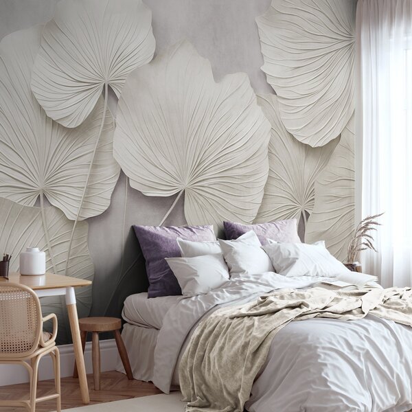 Tapet Frunze mari, cu textură, pe un fundal delicat și discret, artă modernă minimalistă, Imagini de fundal unice, w09897 : Uwalls.ro