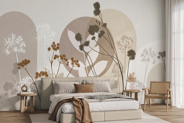 Tapet Compoziție botanică și minimalistă din flori și frunze uscate, cu elemente geometrice abstracte, Imagini de fundal unice, w09906 : Uwalls.ro