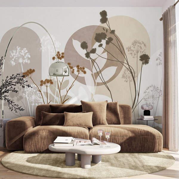 Tapet Compoziție botanică și minimalistă din flori și frunze uscate, cu elemente geometrice abstracte, Imagini de fundal unice, w09906 : Uwalls.ro