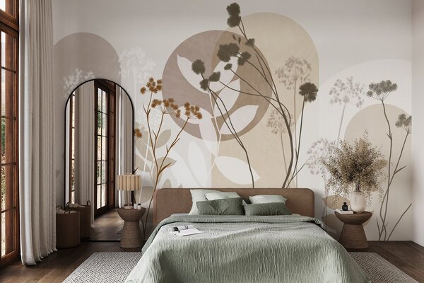 Tapet Compoziție botanică și minimalistă din flori și frunze uscate, cu elemente geometrice abstracte, Imagini de fundal unice, w09906 : Uwalls.ro