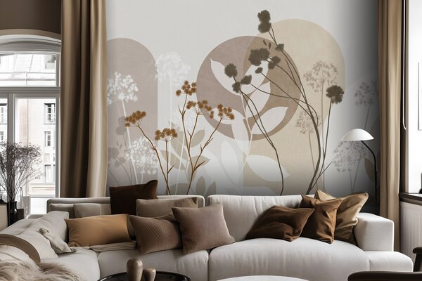 Tapet Compoziție botanică și minimalistă din flori și frunze uscate, cu elemente geometrice abstracte, Imagini de fundal unice, w09906 : Uwalls.ro