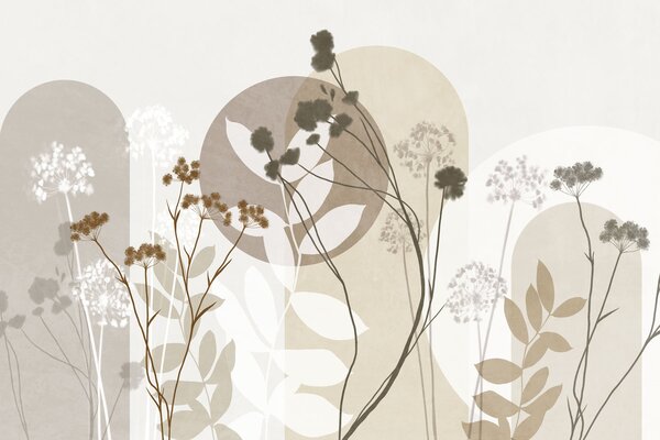 Tapet Compoziție botanică și minimalistă din flori și frunze uscate, cu elemente geometrice abstracte, Imagini de fundal unice, w09906 : Uwalls.ro