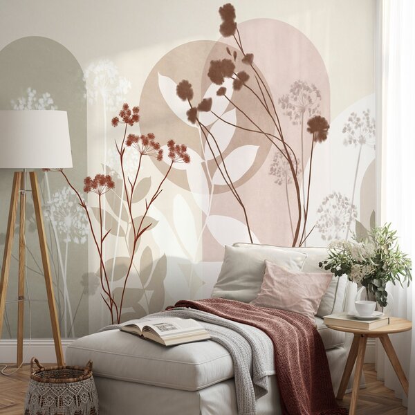 Tapet Compoziție botanică și minimalistă din flori și frunze uscate, cu elemente geometrice abstracte, Imagini de fundal unice, w09906v1 : Uwalls.ro