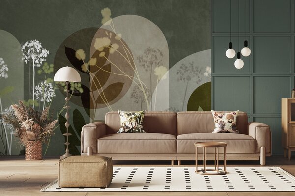 Tapet Compoziție botanică și minimalistă din flori și frunze uscate, cu elemente geometrice abstracte, Imagini de fundal unice, w09906v2 : Uwalls.ro