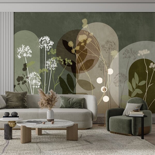 Tapet Compoziție botanică și minimalistă din flori și frunze uscate, cu elemente geometrice abstracte, Imagini de fundal unice, w09906v2 : Uwalls.ro