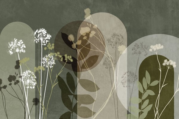 Tapet Compoziție botanică și minimalistă din flori și frunze uscate, cu elemente geometrice abstracte, Imagini de fundal unice, w09906v2 : Uwalls.ro