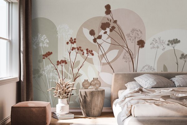 Tapet Compoziție botanică și minimalistă din flori și frunze uscate, cu elemente geometrice abstracte, Imagini de fundal unice, w09906v1 : Uwalls.ro