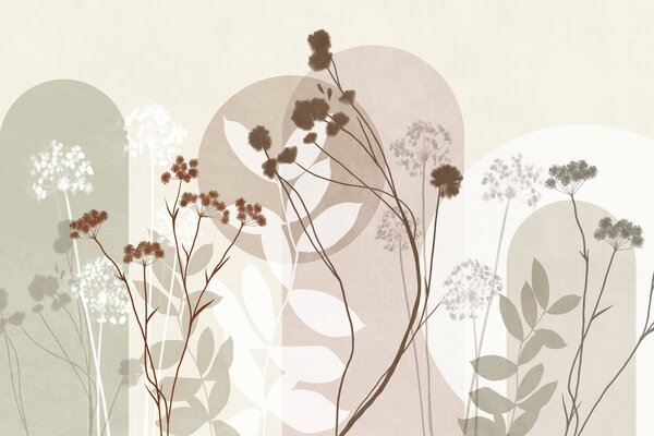 Tapet Compoziție botanică și minimalistă din flori și frunze uscate, cu elemente geometrice abstracte, Imagini de fundal unice, w09906v1 : Uwalls.ro