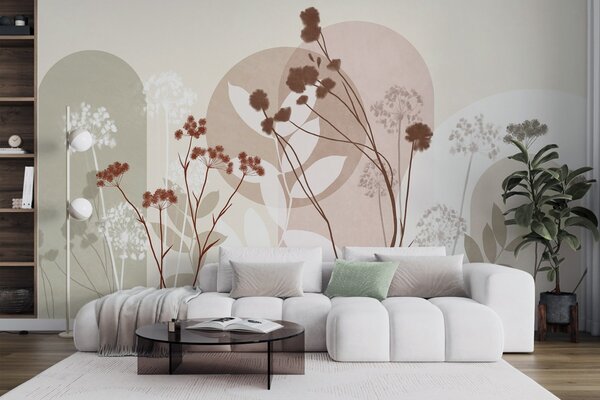 Tapet Compoziție botanică și minimalistă din flori și frunze uscate, cu elemente geometrice abstracte, Imagini de fundal unice, w09906v1 : Uwalls.ro