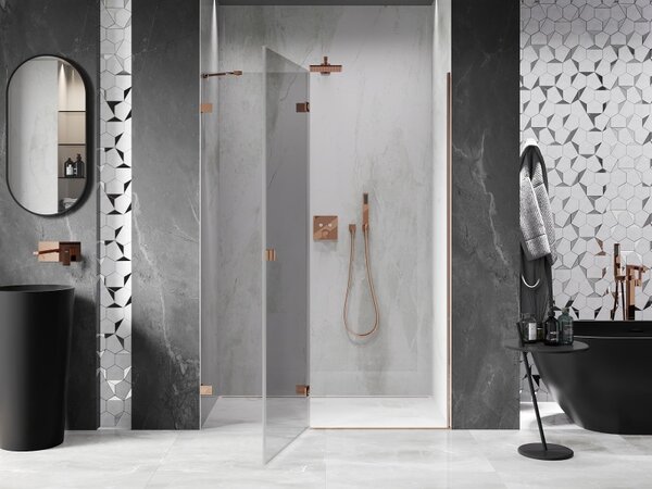 Mexen Lunar, ușă de duș cu balamale pe stânga 130 cm, sticlă transparentă de 8 mm, profil auriu-roz, 834-130-000-60-00-L