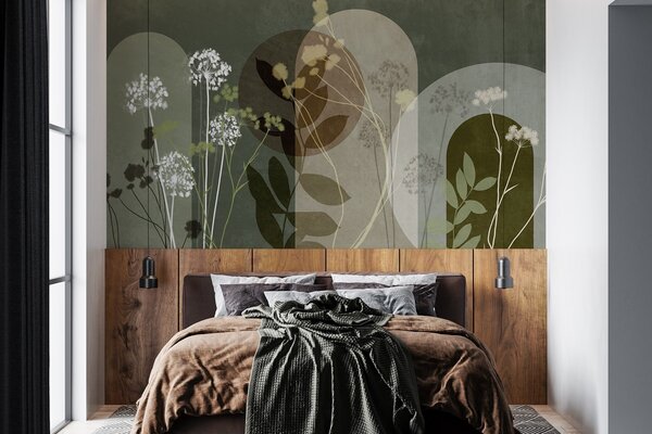 Tapet Compoziție botanică și minimalistă din flori și frunze uscate, cu elemente geometrice abstracte, Imagini de fundal unice, w09906v2 : Uwalls.ro