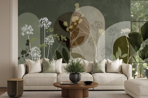 Tapet Compoziție botanică și minimalistă din flori și frunze uscate, cu elemente geometrice abstracte, Imagini de fundal unice, w09906v2 : Uwalls.ro