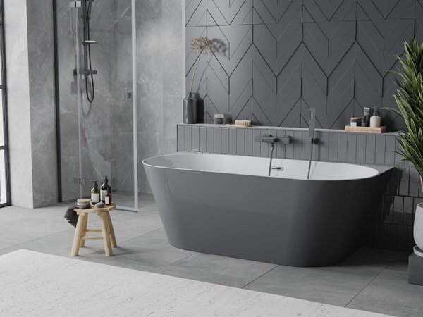 Mexen Oval Slim, cadă de baie independentă lângă perete, 170 x 80 cm, alb-gri, preaplin grafit periat, 52661708062-66