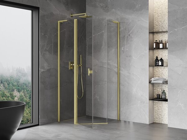 Mexen Mist L, cabină de duș pentagonală cu uși batante, 80 x 80 cm, sticlă transparentă de 8 mm, profil auriu mat, 8A8L-080-080-55-00
