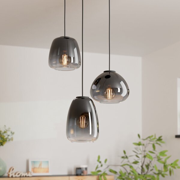 EGLO Suspensie Aguilares, sticlă fumurie, rondel cu 3 lumini, reglabil, Negru, Camera de zi / sufragerie, Sticlă, Modern