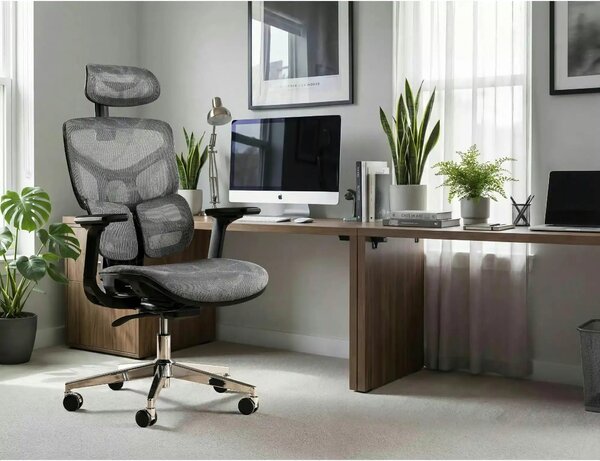 Scaun birou EQ-1, gri, plasă, 71x48x112 cm