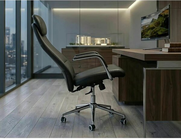 Scaun birou Q-05, negru, piele ecologică, 65x50x117 cm