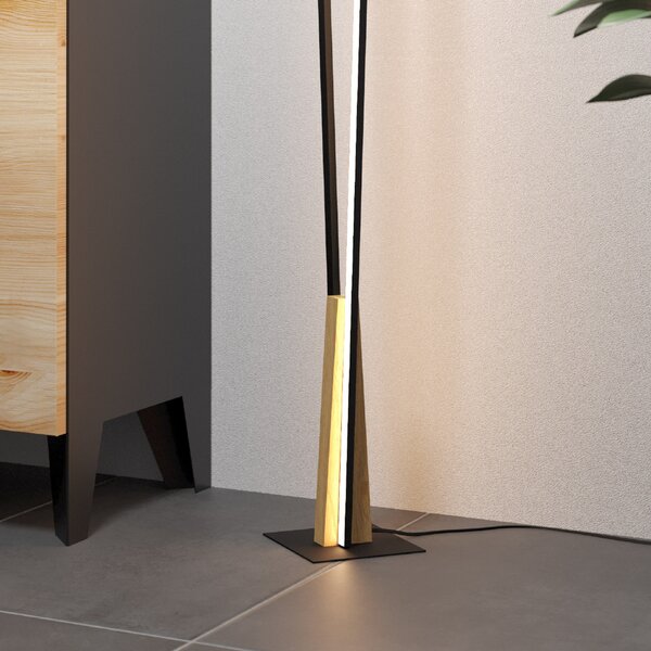 EGLO Lampă de podea Panagria LED, negru cu detaliu din lemn, Negru, Camera de zi / sufragerie, Metal, Modern