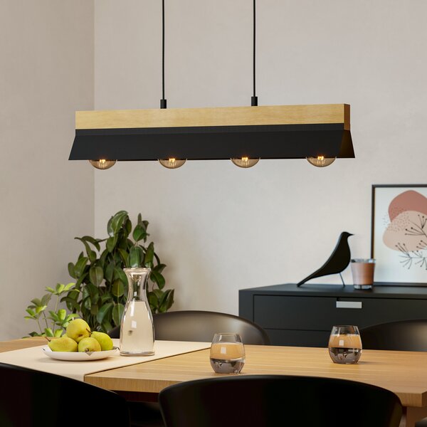 EGLO Lampă suspendată Tarrafo negru, lemn natural, 4 lumini, reglabil, Negru, Camera de zi / sufragerie, Metal, Modern