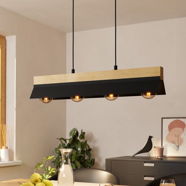 EGLO Lampă suspendată Tarrafo negru, lemn natural, 4 lumini, reglabil, Negru, Camera de zi / sufragerie, Metal, Modern