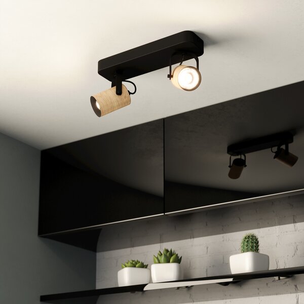 EGLO Spot de tavan Cayuca, decor negru/lemn, două lămpi, Negru, Camera de zi / sufragerie, Metal, Modern