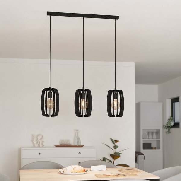 EGLO Lampă suspendată Bajazzara, trei abajururi cu colivie, negru, reglabil, Negru, Camera de zi / sufragerie, Metal, Modern